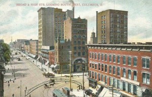 Historsche Postkarte von Columbus Ohio um das Jahr 1900, Erster Sitz der Columbus Watch Co. Ecke Broad & High Street, im Gebäude rechts unten auf dem Bild, Foto: Peter Schill