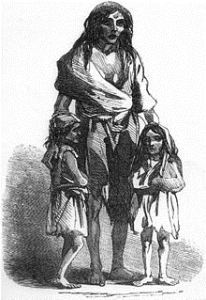 Große Hungernot in Irland, zeitgenössische Zeichnung der Bridget O’Donnel und ihrer Kinder, Quelle: Illustrated London News 1849